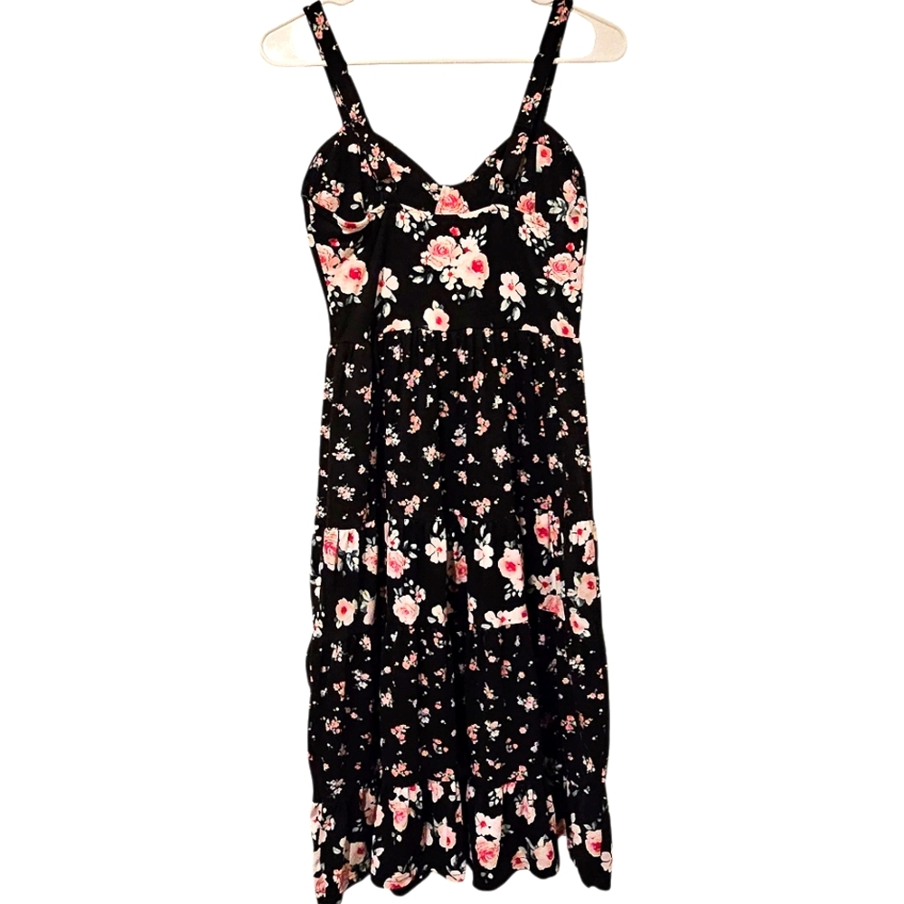 Almost Famous Black Floral Tierd Midi Dress Padded Bra Size Medium Good Cond